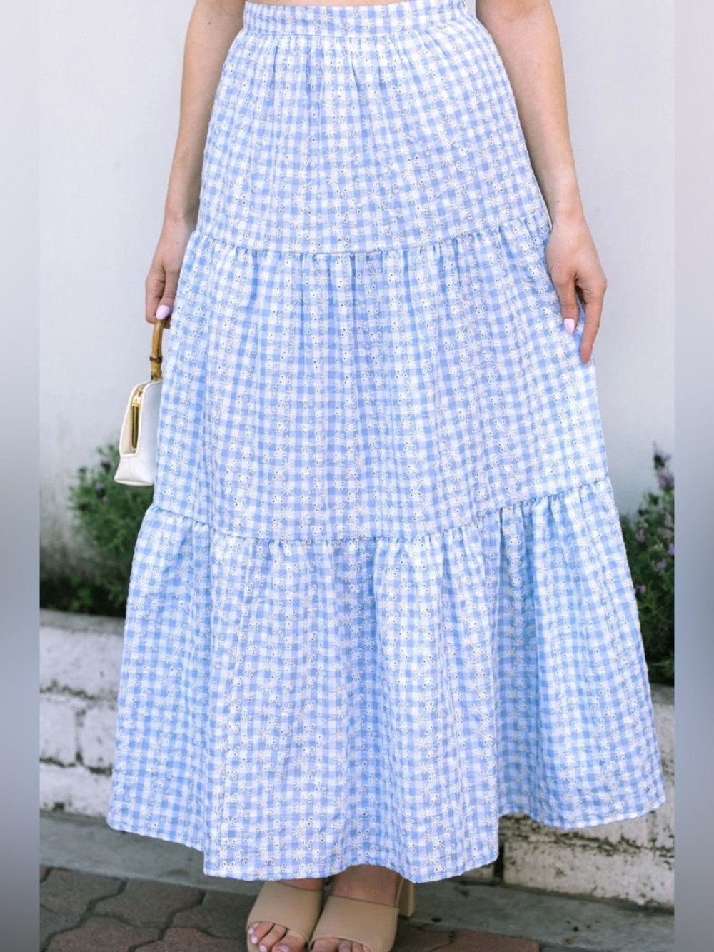 Jacquie The Label Blue White Gingham Eyelet Tiered Maxi Skirt S Cotton Prairie